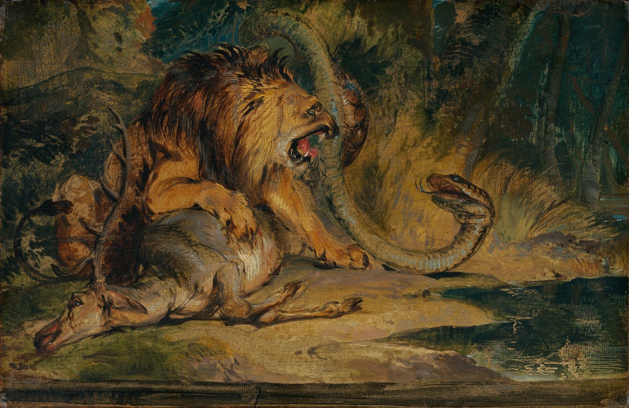 狮子保卫猎物，约 1840 年（布面油画纸） 作者 埃德温·兰瑟