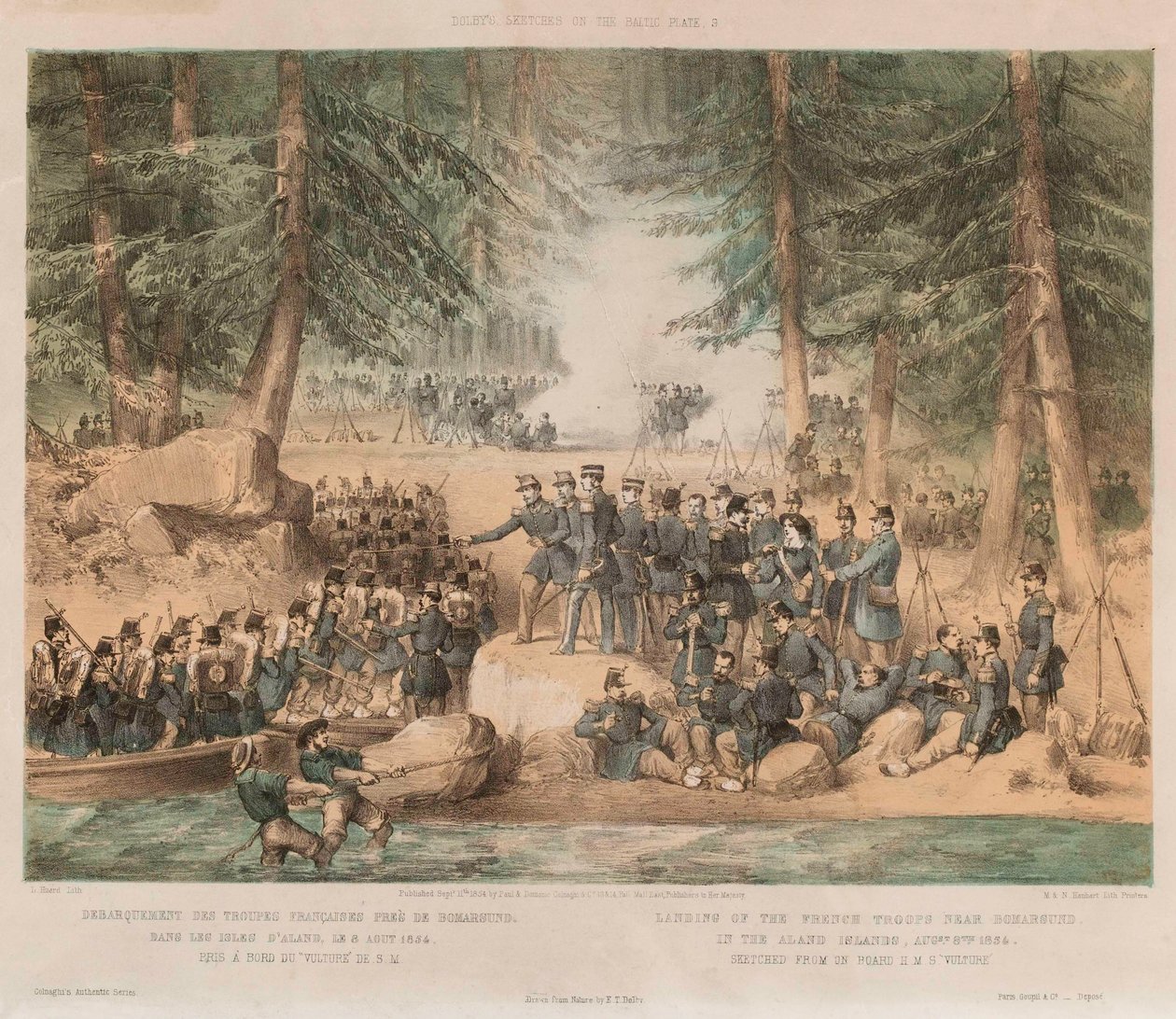 1854 年 8 月 8 日，法国军队在奥兰群岛博马尔松附近登陆（石版画，有色） 作者 埃德温·托马斯（后）杜比
