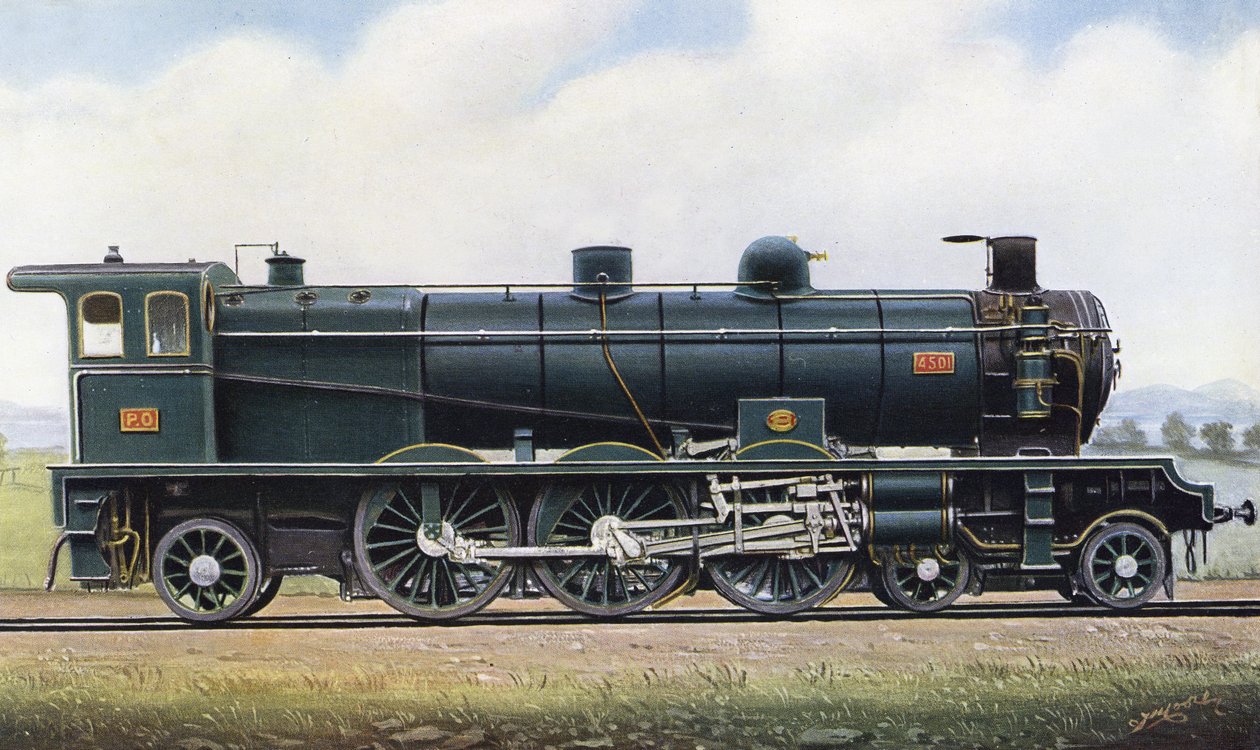 两个共和国的产品：“太平洋”型蒸汽机。 4501，巴黎-奥尔良铁路。 1910（平版印刷） 作者 埃德温·托马斯·路德