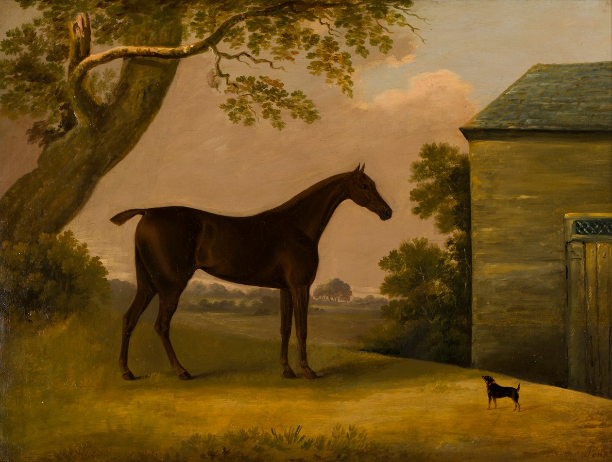 马厩外的海湾猎人和一个特里奥，约 1805 年（布面油画） 作者 埃德温·库珀
