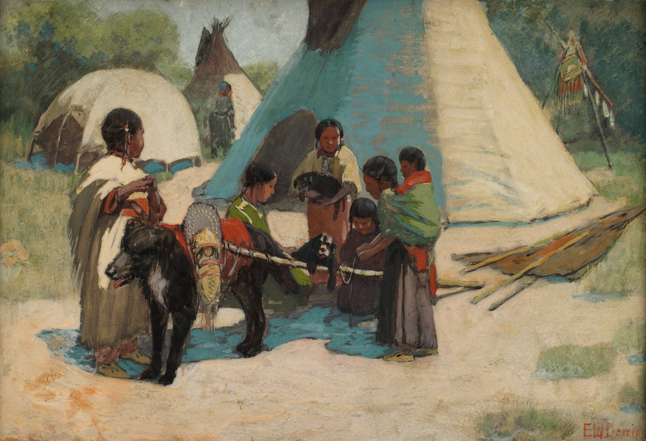Dog TravoisBlackfoot Camp, 19世纪末-20世纪初。 作者 埃德温·威拉德·戴明