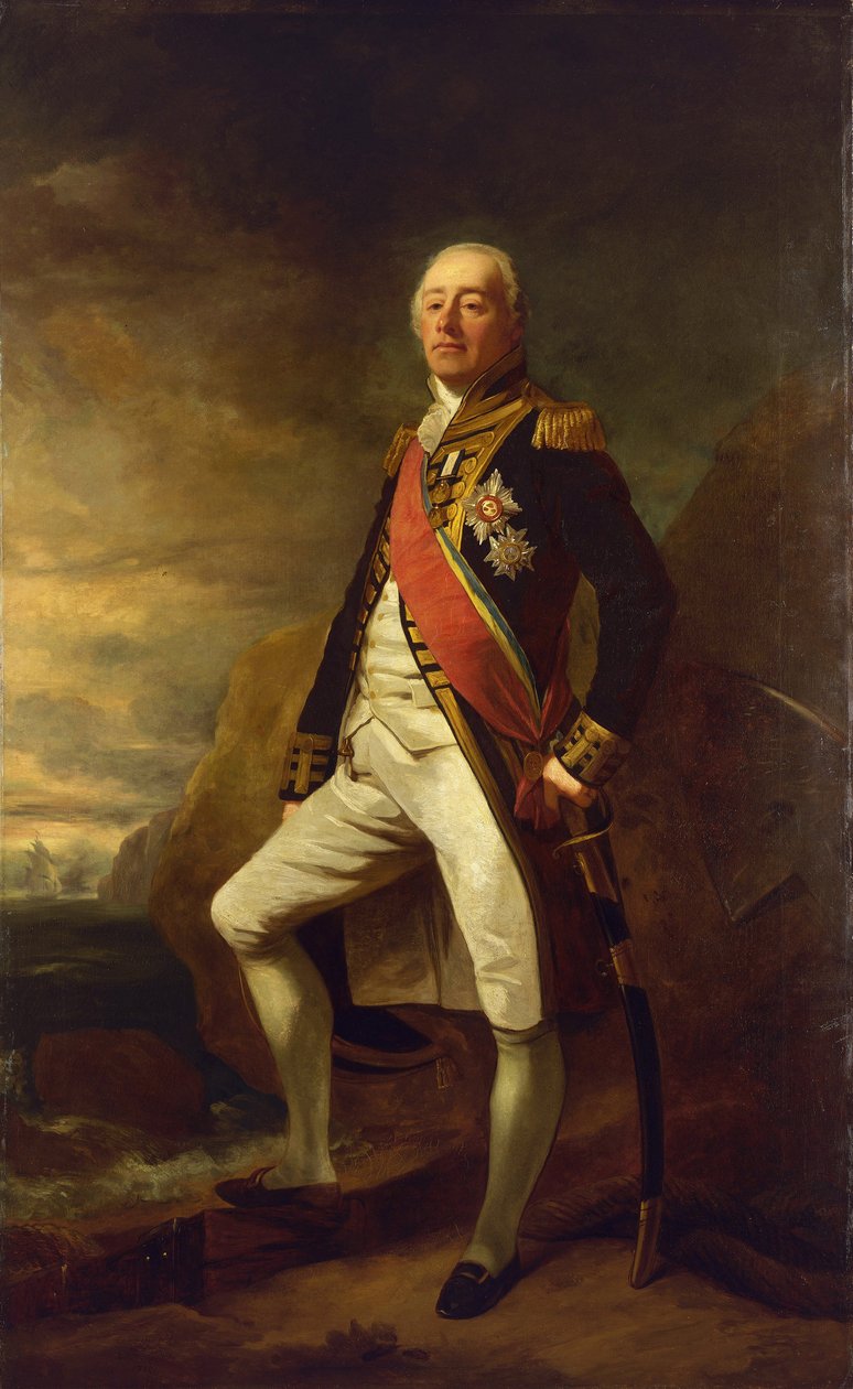 海军中将詹姆斯-索马雷斯（1757-1836 年）的肖像，他是索马雷斯的第一位男爵，因 1801 年在阿尔赫西拉斯（直布罗陀海湾）战役中的胜利而闻名。 作者 埃德温·威廉姆斯