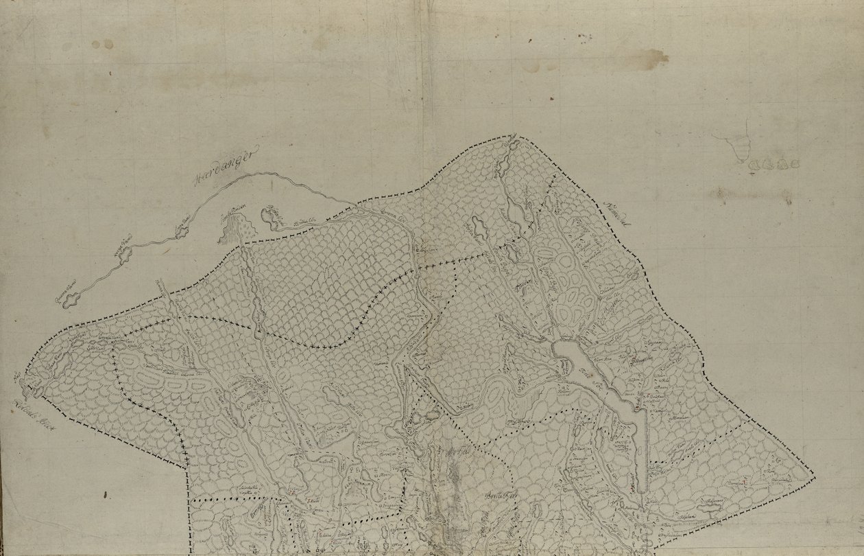 地图发布在手绘图（约1780年）中，并显示了泰勒马克 作者 伊恩沃尔德·斯滕布洛奇
