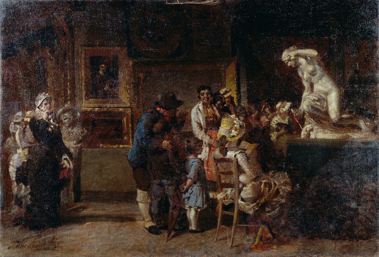 参观博物馆，埃吉斯托·兰塞罗托（Egisto Lancerotto，1847-1916）创作，布面油画，80x118 厘米 作者 埃吉斯托·兰塞罗托（Egisto Lancerotto）