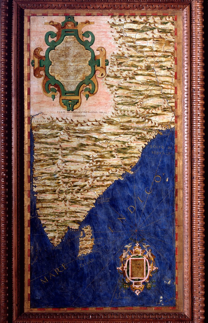 Egnazio Danti（1536-1586）数学家、宇宙学家和意大利建筑师绘制的印度地图。1567年左右。佛罗伦萨，韦基奥宫，Mappamondo厅 作者 埃尼亚齐奥·丹蒂（Egnazio Danti）