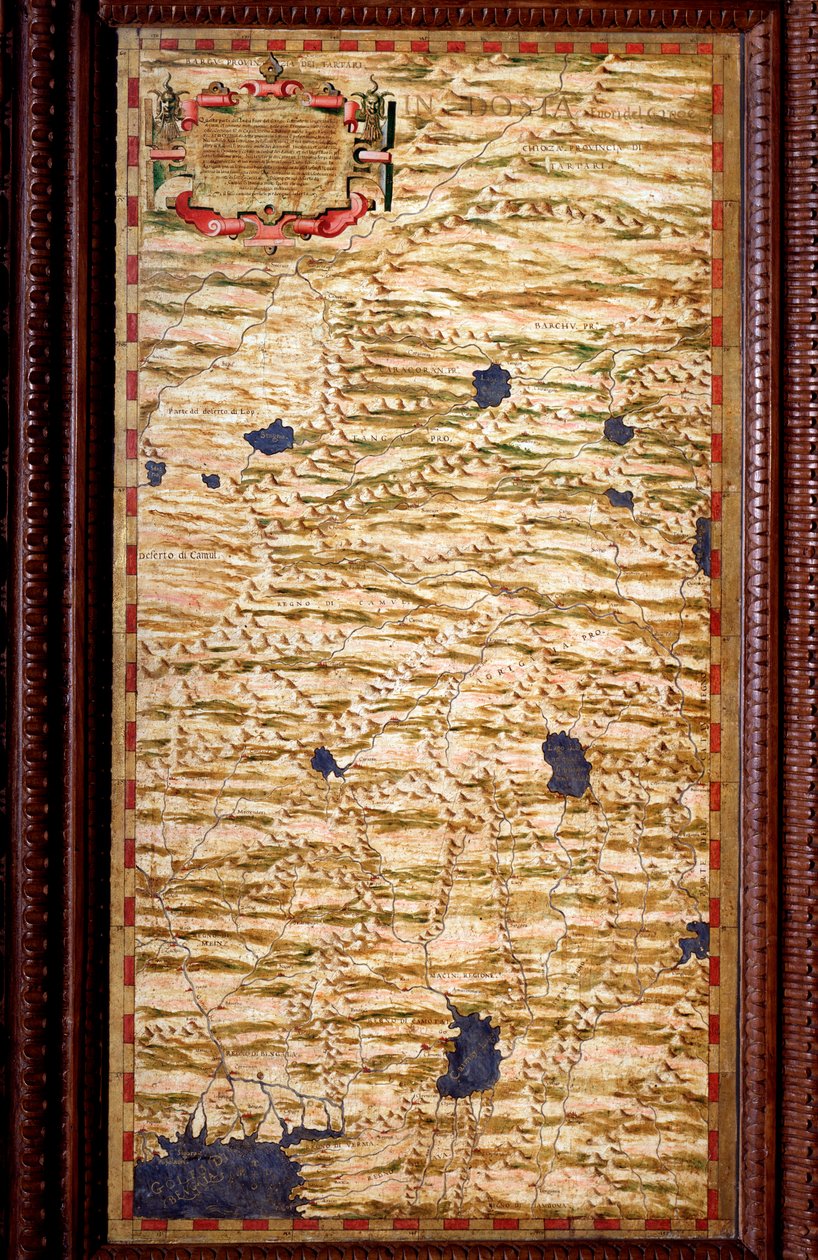 恒河顶端的印度斯坦(Hindustan)，由Egnazio Danti(1536-1586)数学家、宇宙学家和意大利建筑师制作的Carte。1567年左右。佛罗伦萨，韦基奥宫，Mappamondo厅 作者 埃尼亚齐奥·丹蒂（Egnazio Danti）