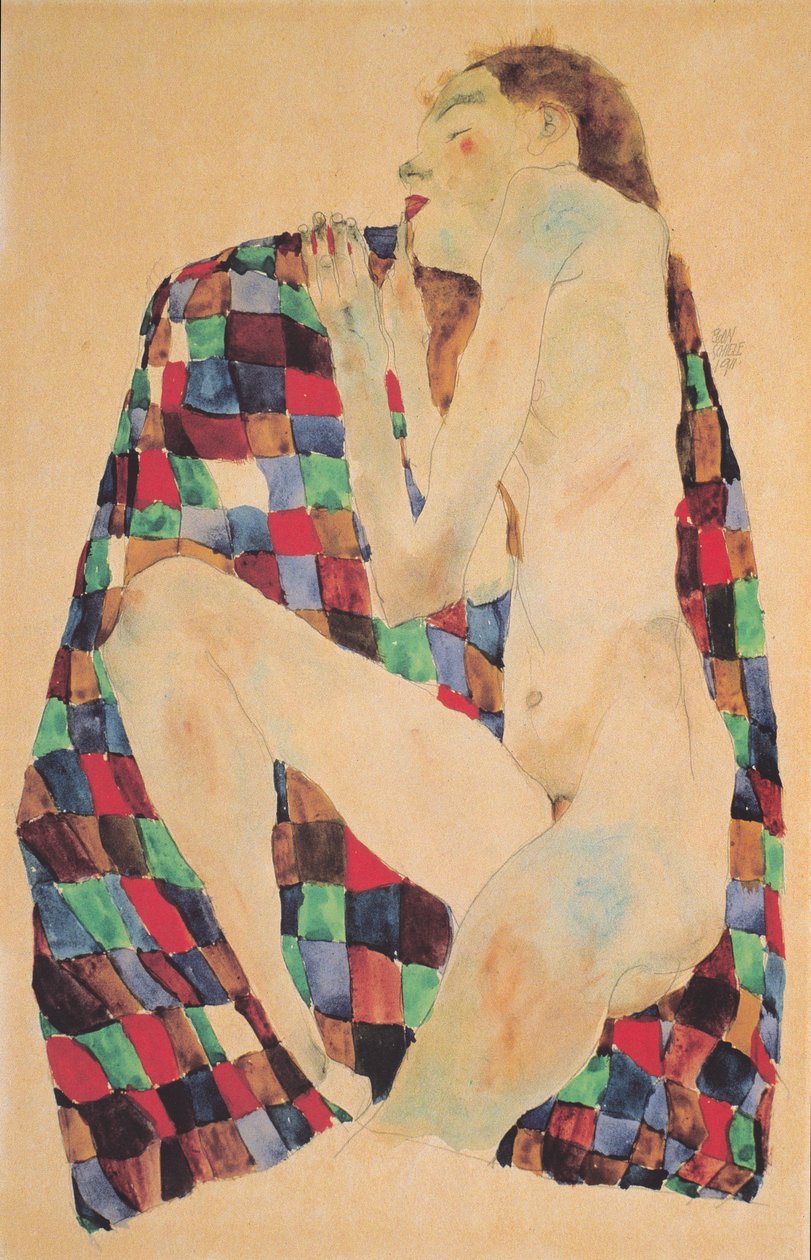 在方格的布料的女性裸体 作者 埃贡·席勒（Egon Schiele）