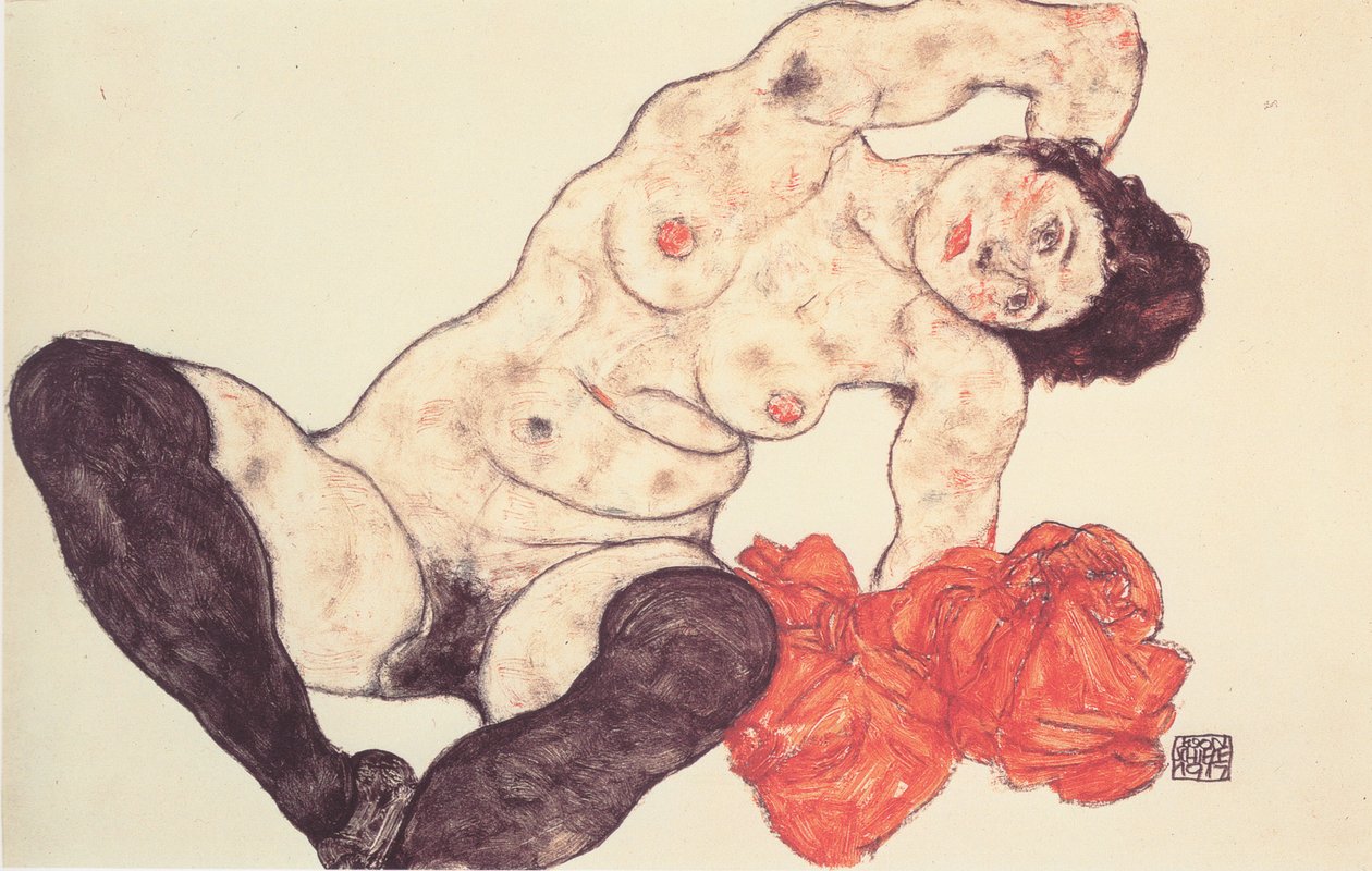与黄色毛巾的女性裸体 作者 埃贡·席勒（Egon Schiele）