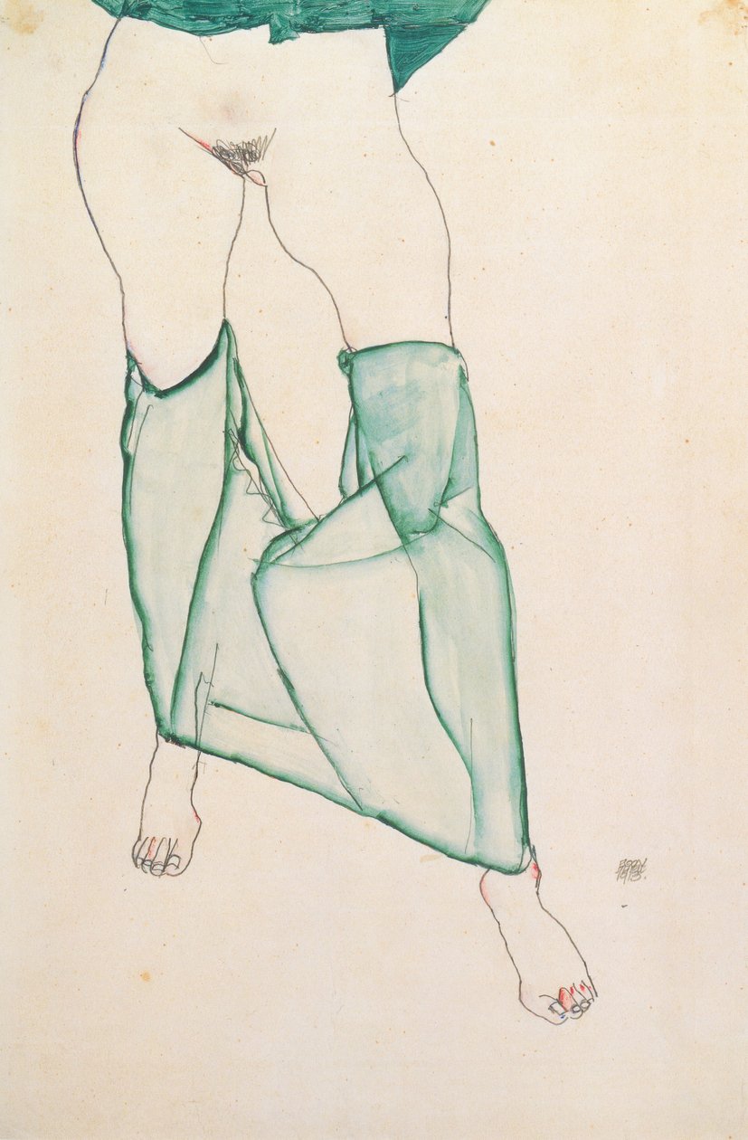 有绿色帷幕的女性躯干 作者 埃贡·席勒（Egon Schiele）