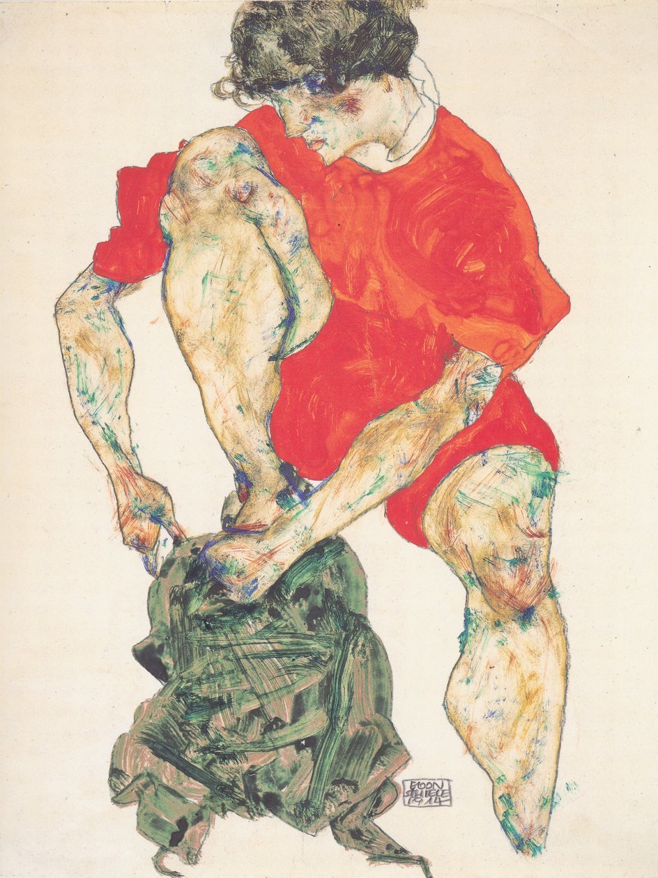 在红色长袍的女性模型 作者 埃贡·席勒（Egon Schiele）