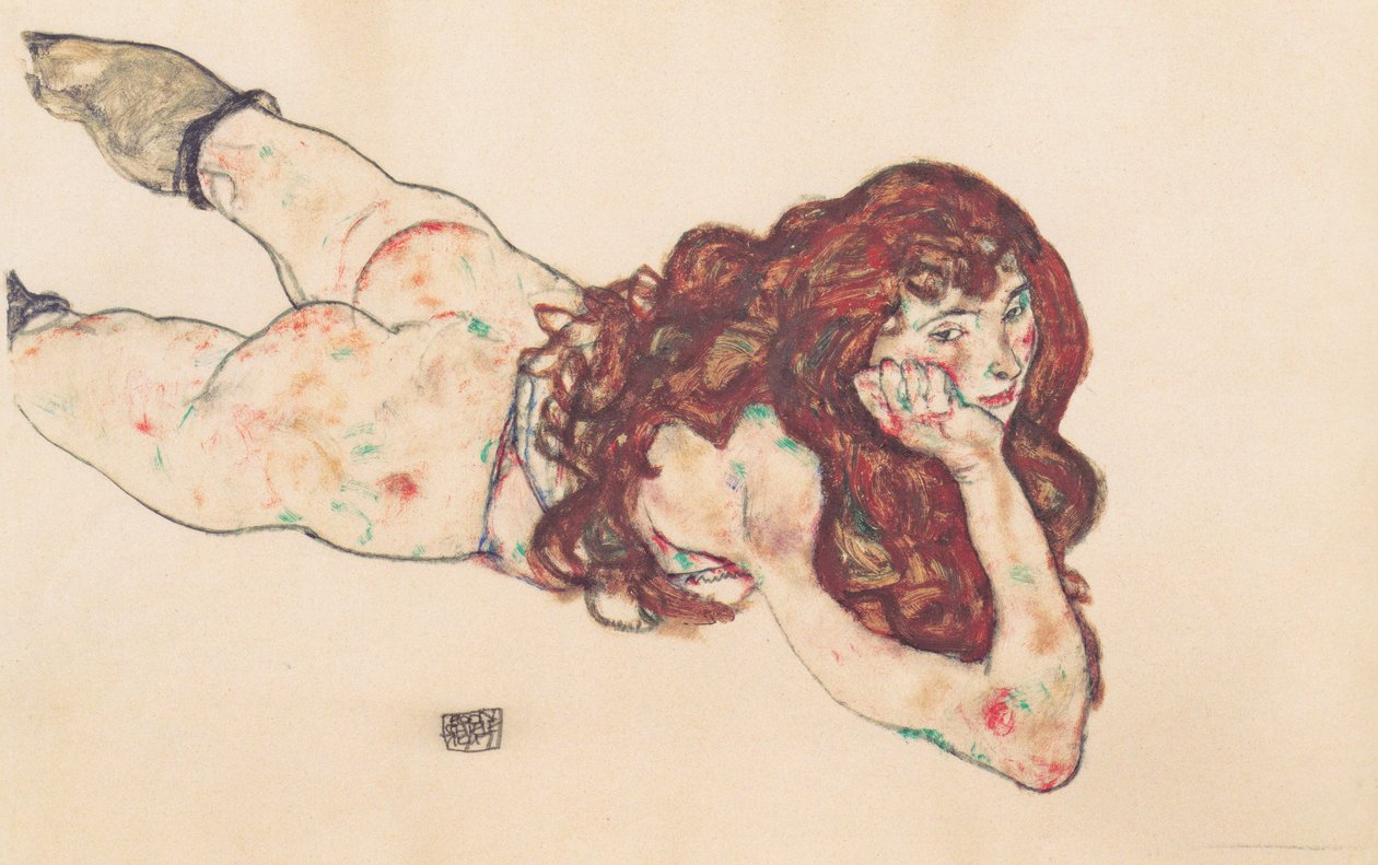 在肚子上躺着女性的行为 作者 埃贡·席勒（Egon Schiele）