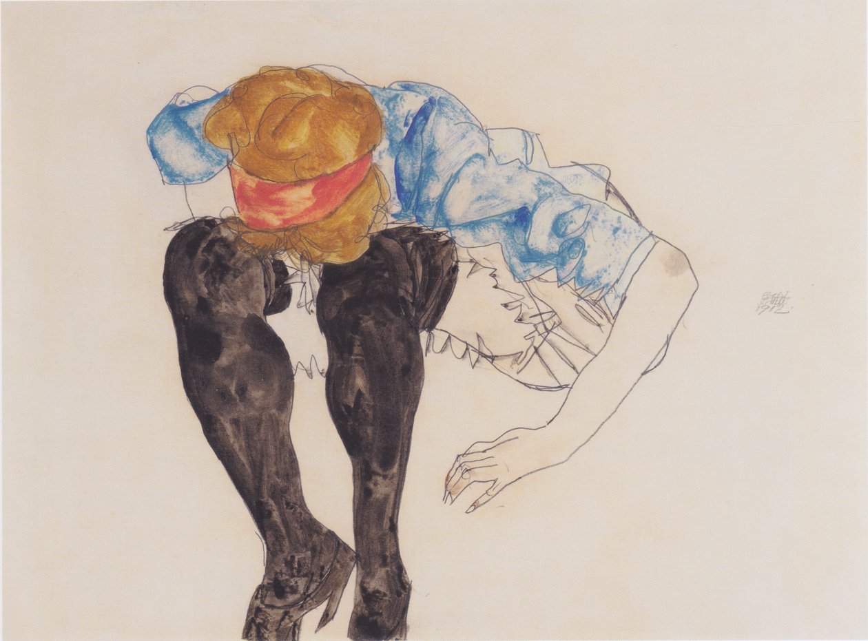 金发女郎，弯着黑色磨砂膏 作者 埃贡·席勒（Egon Schiele）