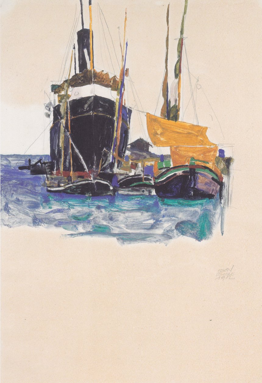 在的里雅斯特港的轮船和帆船 作者 埃贡·席勒（Egon Schiele）