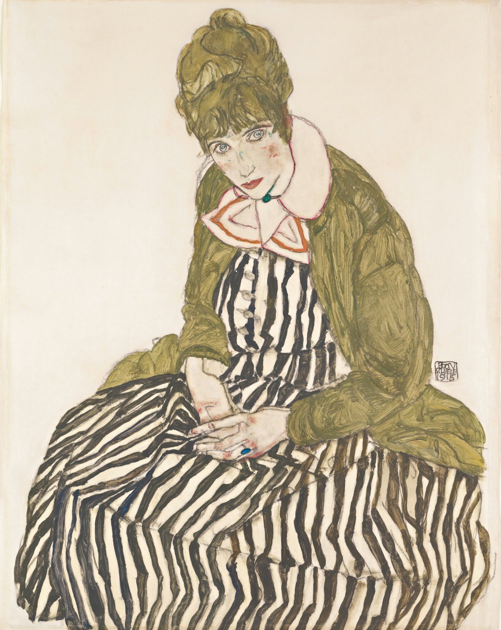 伊迪丝与条纹连衣裙，坐着 作者 埃贡·席勒（Egon Schiele）