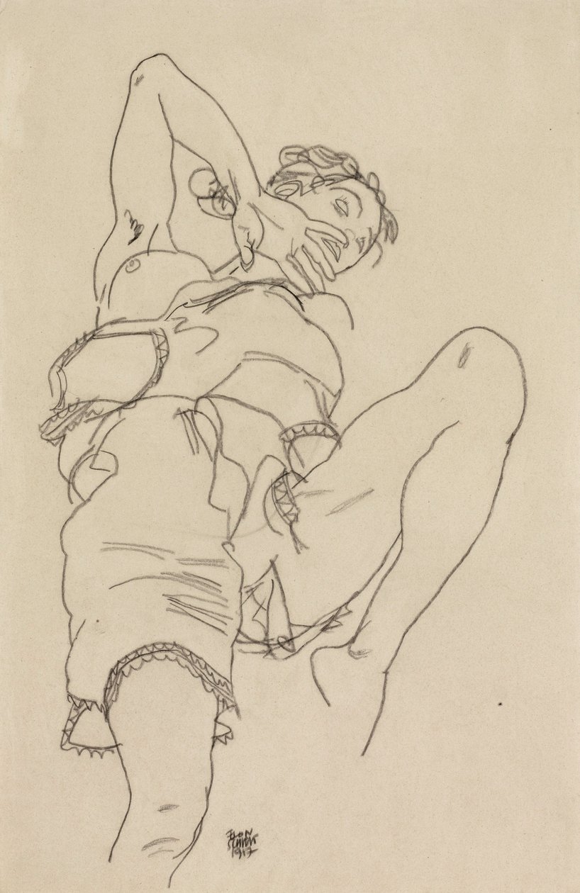 内衣的妇女，向后倾斜 作者 埃贡·席勒（Egon Schiele）