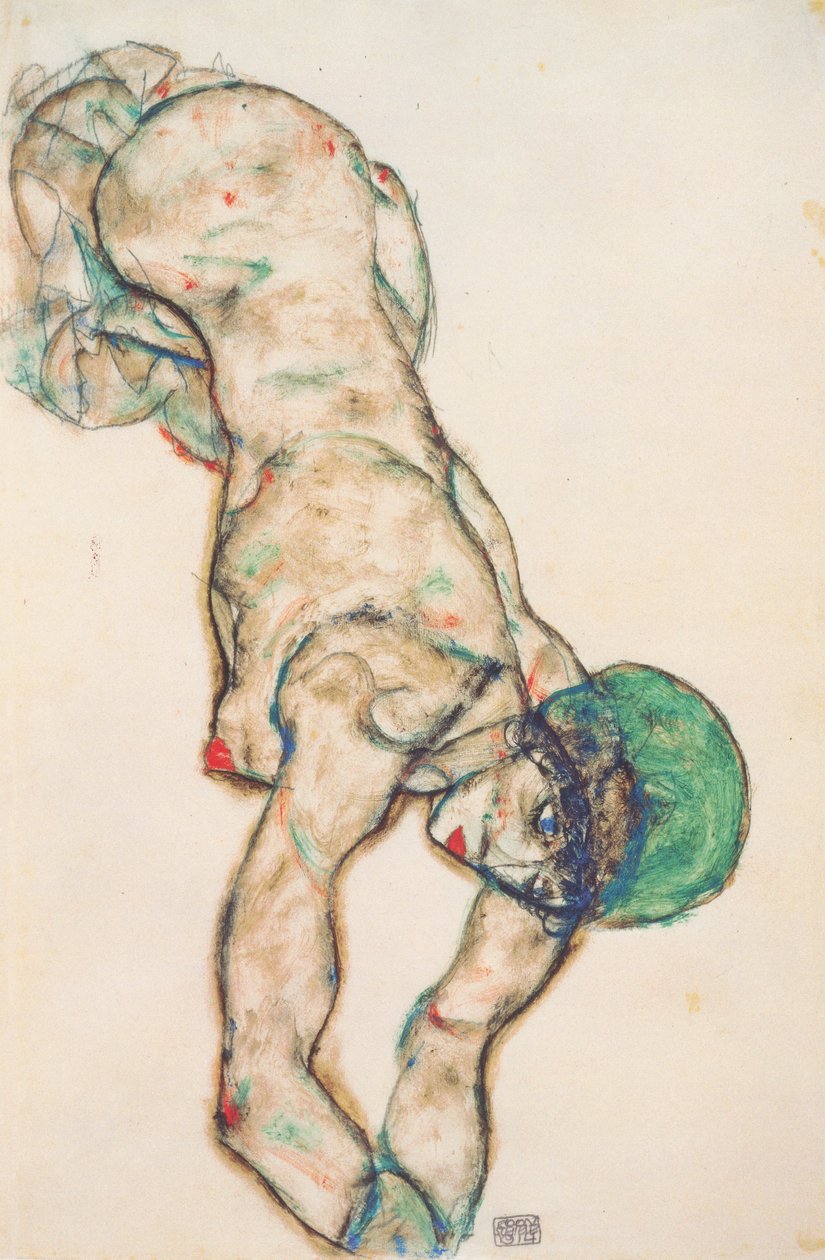与绿色敞篷的妇女裸体 作者 埃贡·席勒（Egon Schiele）