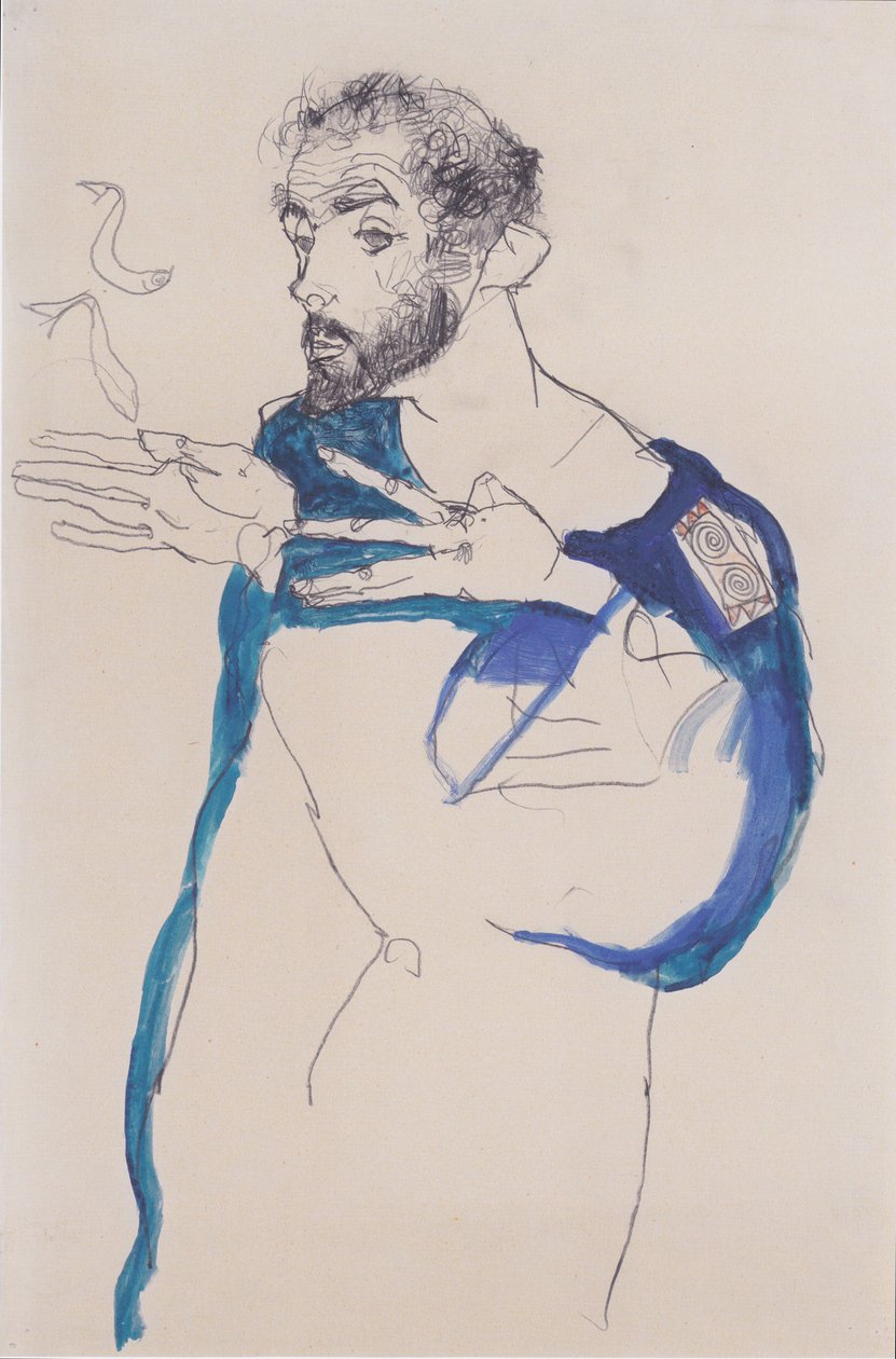 Gustav Klimt穿着蓝色画家的外套 作者 埃贡·席勒（Egon Schiele）