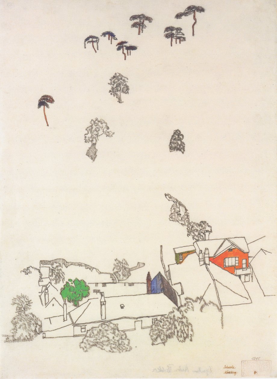 在Mödling附近的房子和松树 作者 埃贡·席勒（Egon Schiele）