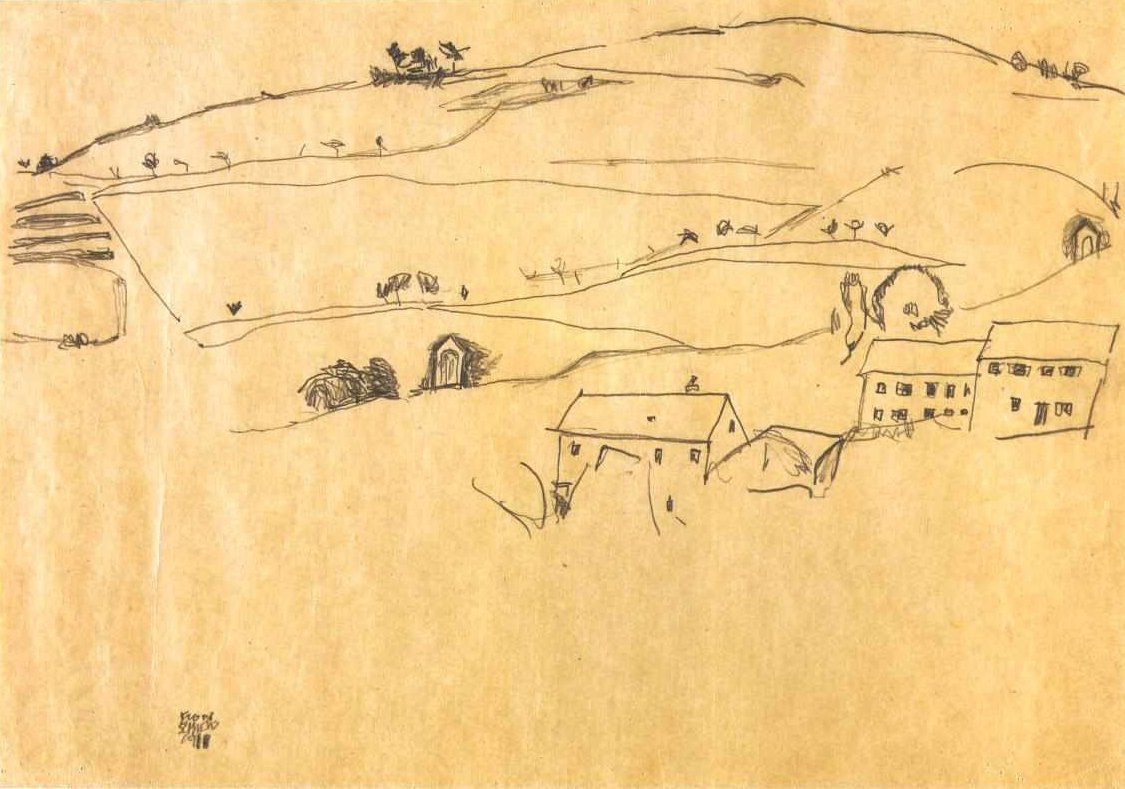 在小山前面的议院与十字架的驻地 作者 埃贡·席勒（Egon Schiele）