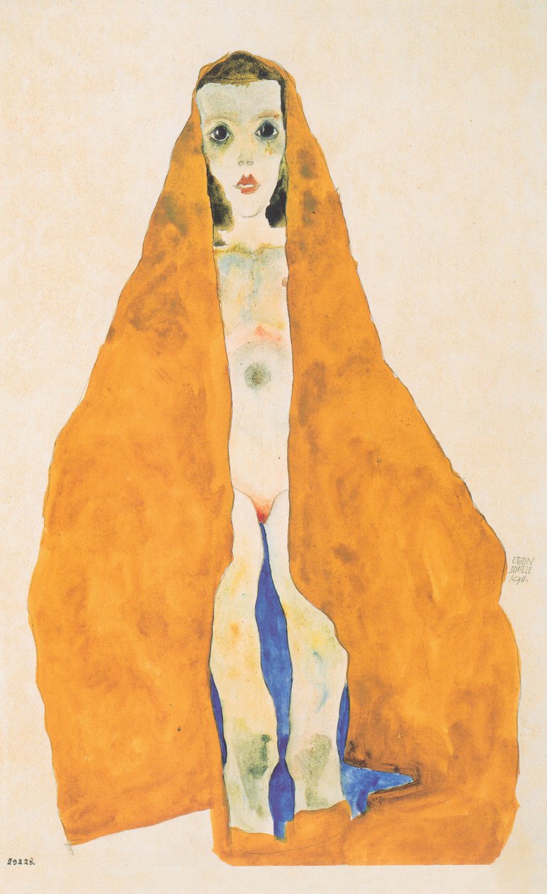 在茶黄布料的女孩裸体 作者 埃贡·席勒（Egon Schiele）
