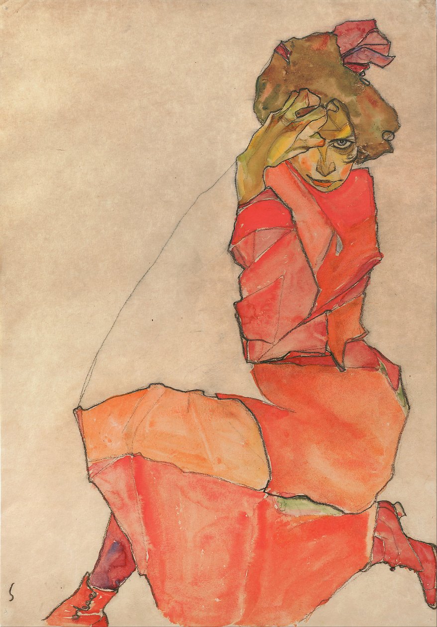跪在橙红色连衣裙的女性 作者 埃贡·席勒（Egon Schiele）