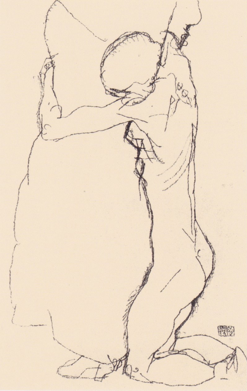 跪着，拥抱一个站立的 作者 埃贡·席勒（Egon Schiele）