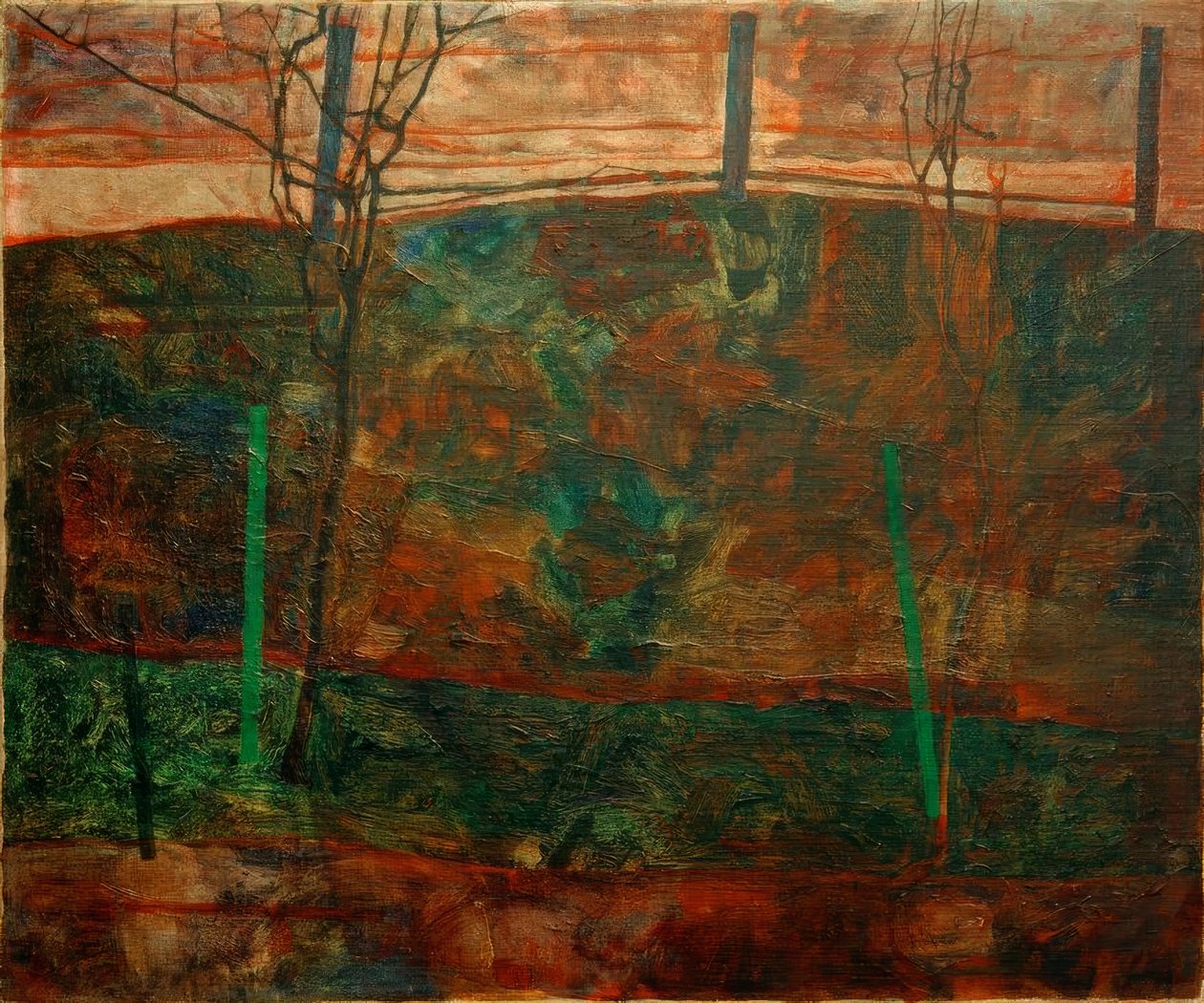 景观与红色的天空 作者 埃贡·席勒（Egon Schiele）