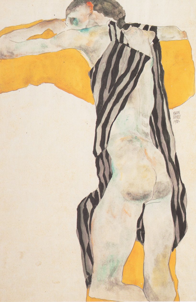 在条纹工作服的说谎的女孩裸体 作者 埃贡·席勒（Egon Schiele）