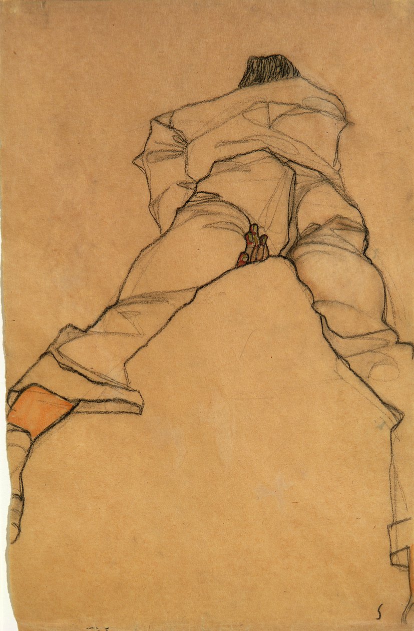 男子躺着面朝下，后视图，1910年（铅笔和wc） 作者 埃贡·席勒（Egon Schiele）
