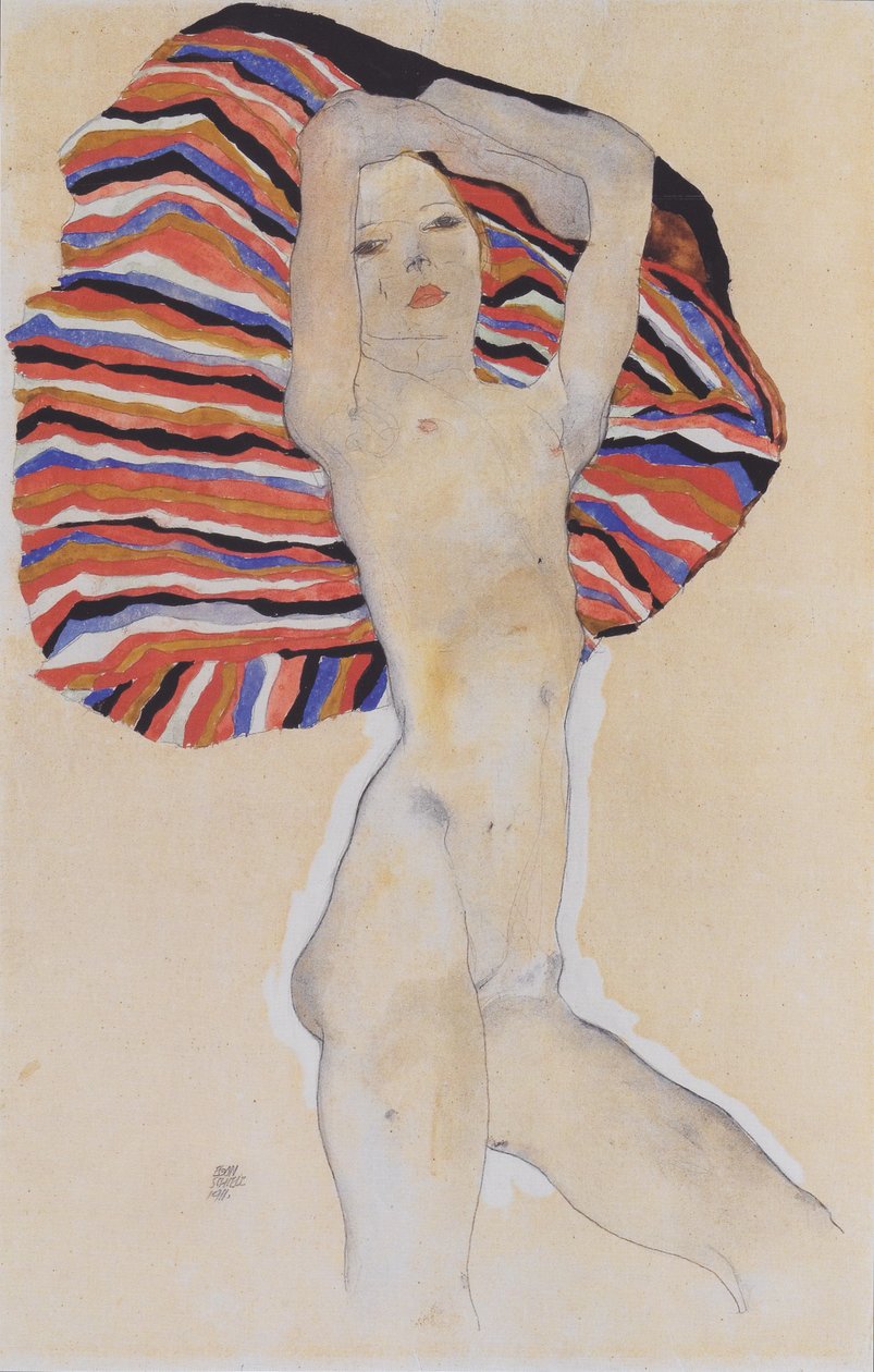 反对色的毛巾的女孩裸体 作者 埃贡·席勒（Egon Schiele）