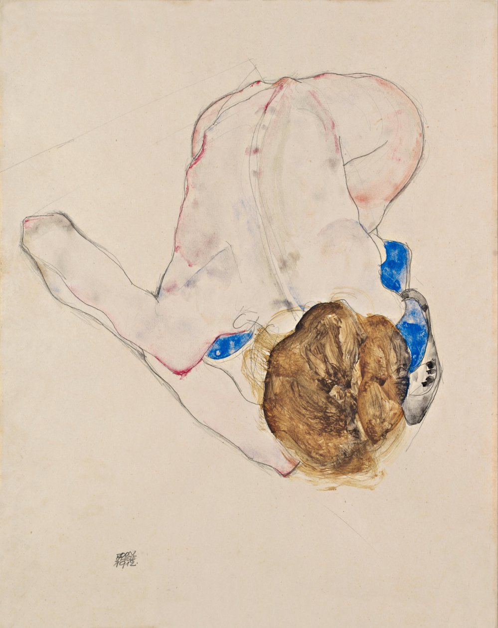 裸体与蓝色丝袜，向前弯曲 作者 埃贡·席勒（Egon Schiele）