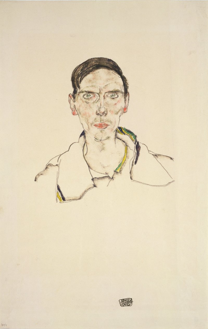 穿着运动服的年轻男子的肖像，1916年（铅笔和蜡笔） 作者 埃贡·席勒（Egon Schiele）
