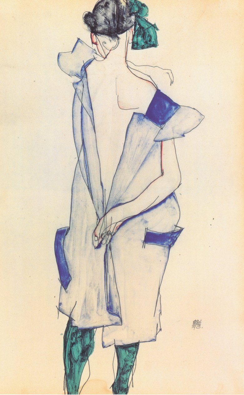 后面观点的蓝色裙子的一个女孩 作者 埃贡·席勒（Egon Schiele）