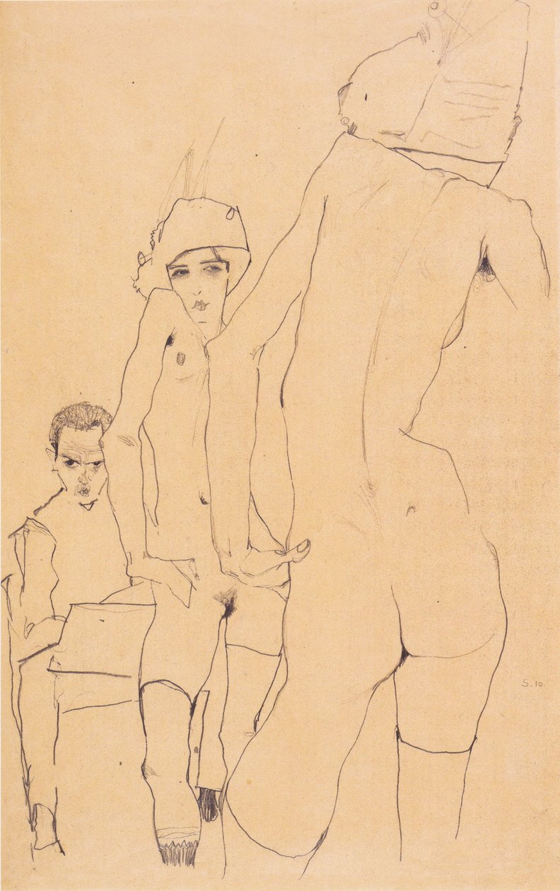 席勒与裸体模特在镜子前 作者 埃贡·席勒（Egon Schiele）