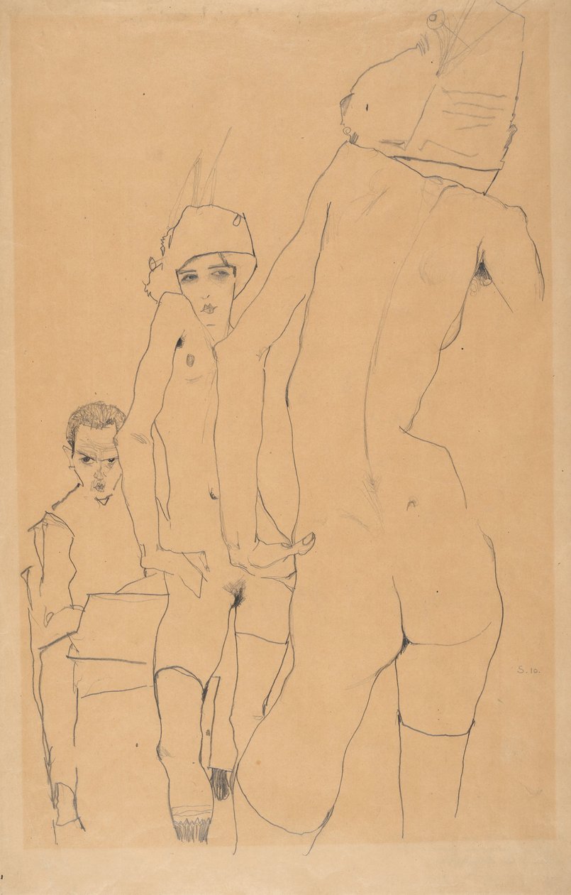 1910年，在镜子之前与裸体模特一起玩 作者 埃贡·席勒（Egon Schiele）