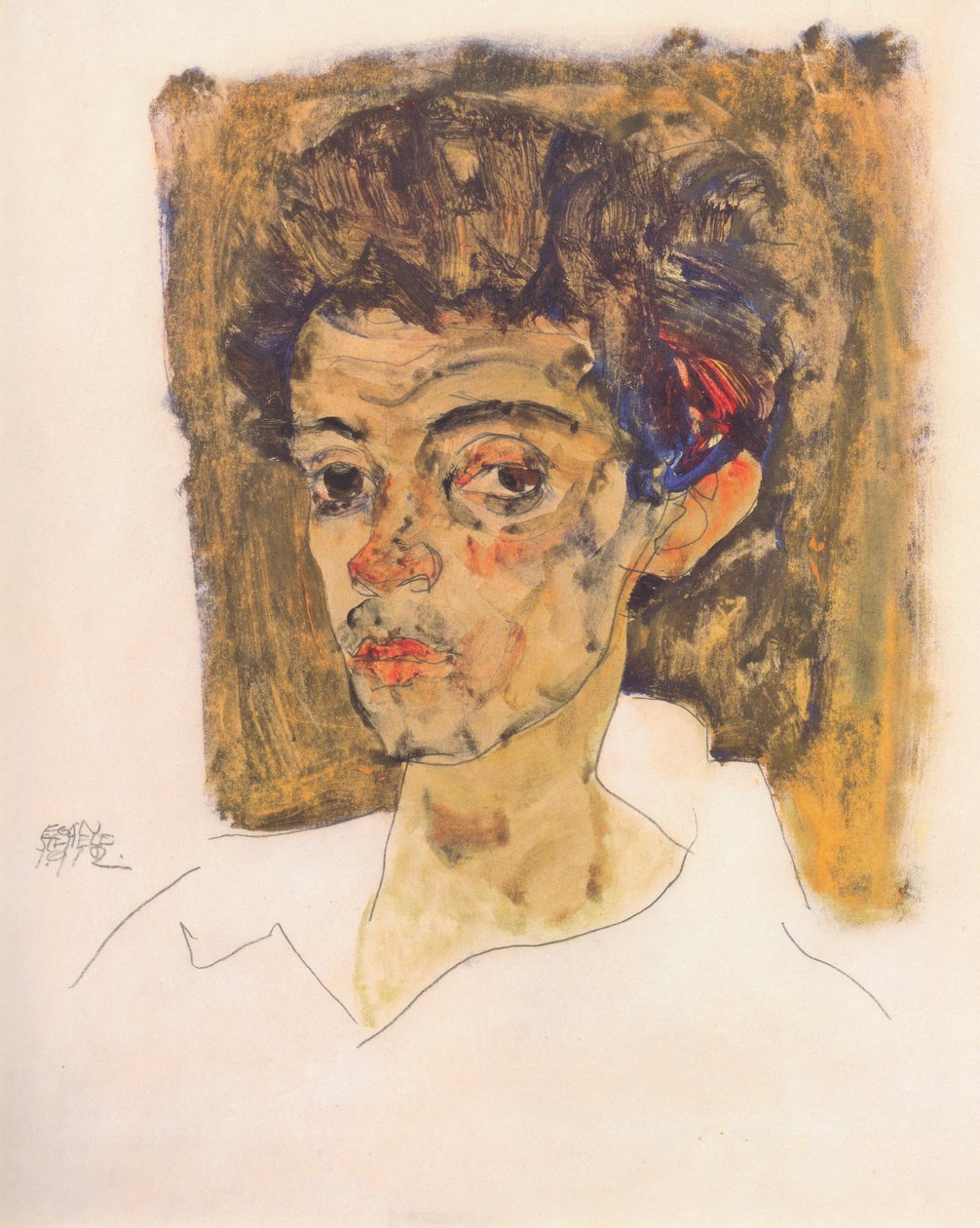 在棕色背景前面的自画象 作者 埃贡·席勒（Egon Schiele）