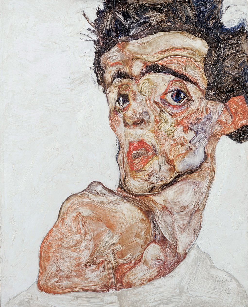 自画像与凸起的露肩，1912年 作者 埃贡·席勒（Egon Schiele）
