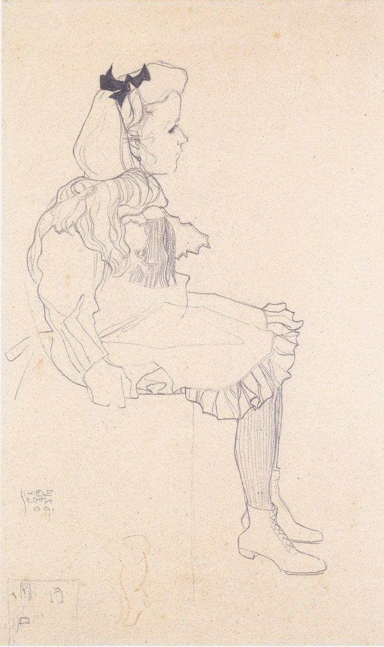 有发袋的坐的女孩 作者 埃贡·席勒（Egon Schiele）