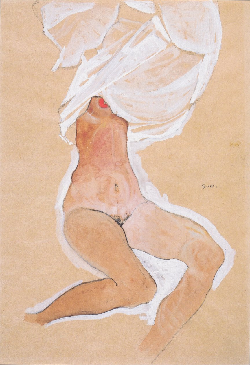 坐在女孩裸体与头上的衬衫 作者 埃贡·席勒（Egon Schiele）