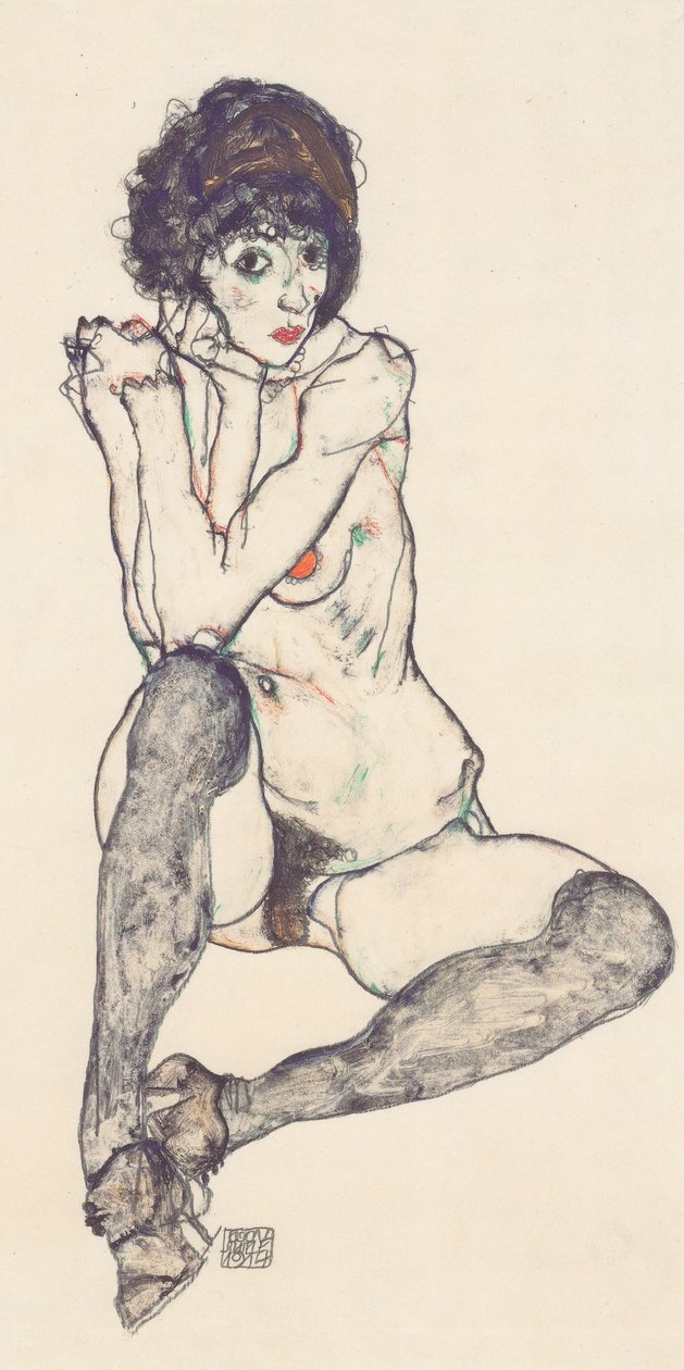 坐在女性裸体与支撑肘部 作者 埃贡·席勒（Egon Schiele）