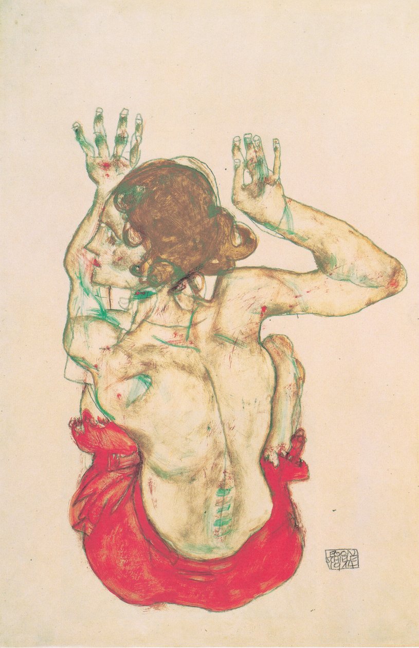 坐在女性背裸体与红色的裙子 作者 埃贡·席勒（Egon Schiele）
