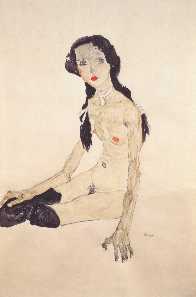 有马尾辫的坐的女孩 作者 埃贡·席勒（Egon Schiele）