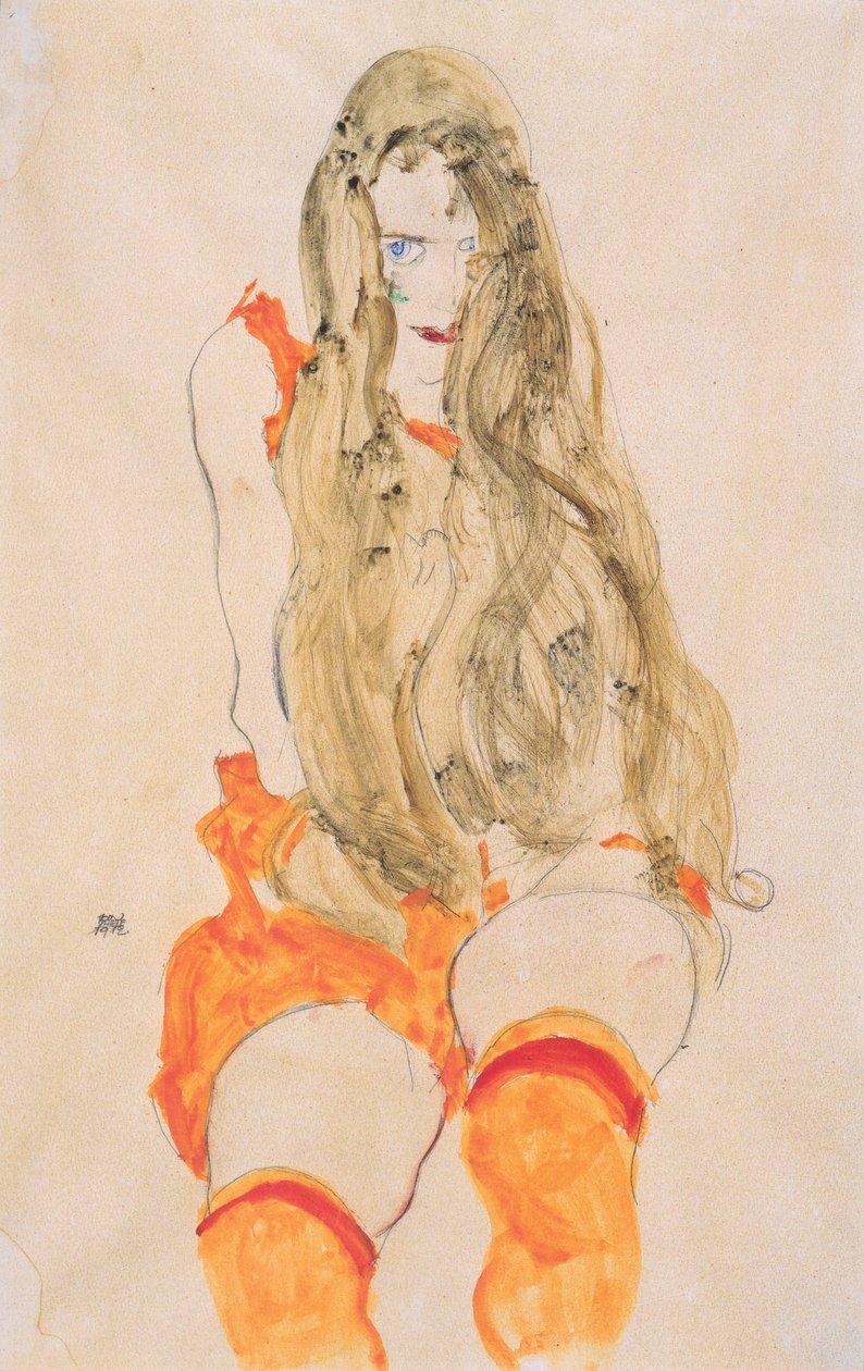 坐着的女孩，落下的头发 作者 埃贡·席勒（Egon Schiele）
