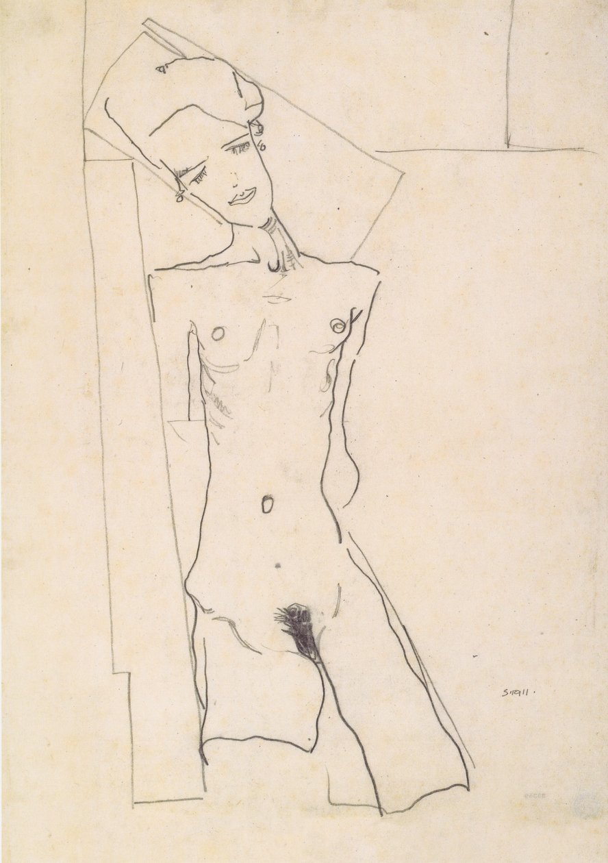 在几何形状前面的常设女性裸体 作者 埃贡·席勒（Egon Schiele）