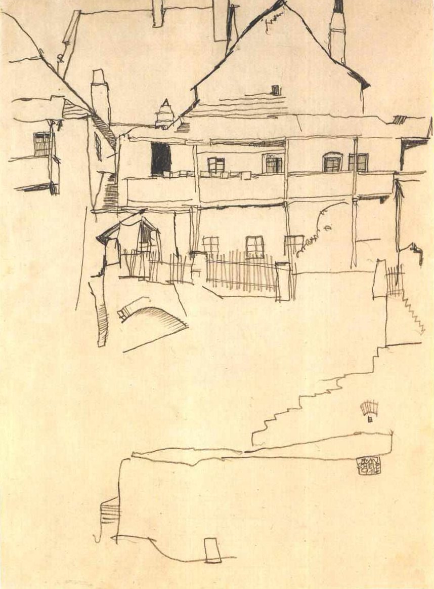 研究带有瓦屋顶的图片屋 作者 埃贡·席勒（Egon Schiele）