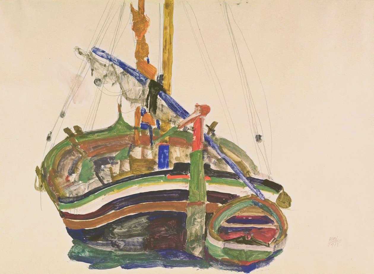 Trieste渔船，1912年（Strathmore日本纸上的铅笔，wc和水粉） 作者 埃贡·席勒（Egon Schiele）