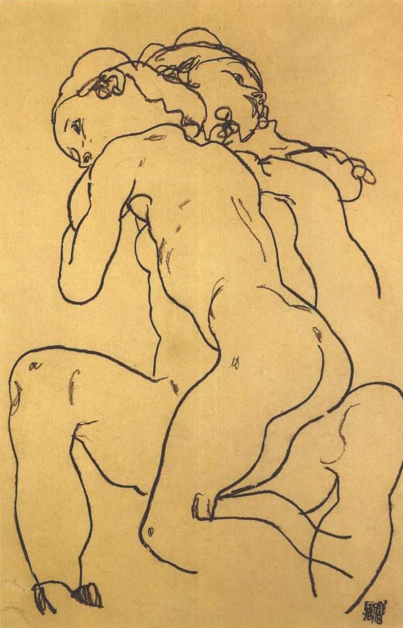两个女孩互相拥抱 作者 埃贡·席勒（Egon Schiele）