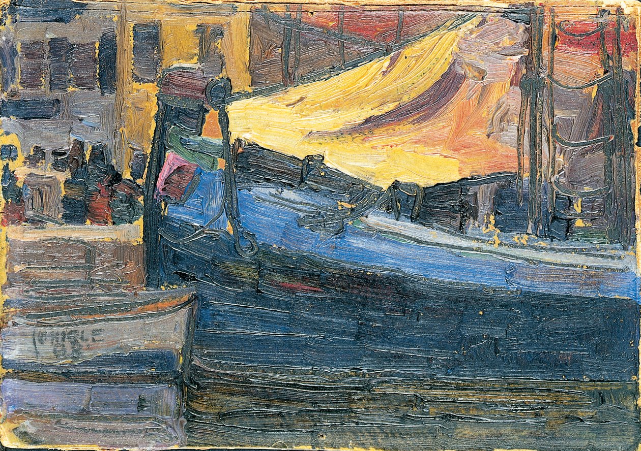 1908年，锚定了房屋墙的船 作者 埃贡·席勒（Egon Schiele）