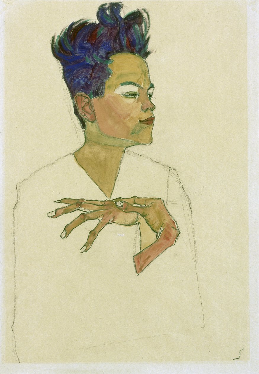 双手抱胸的自画像。埃贡-席勒（1890-1918 年）作品，纸面水彩和粉笔画 作者 埃贡·席勒（Egon Schiele）