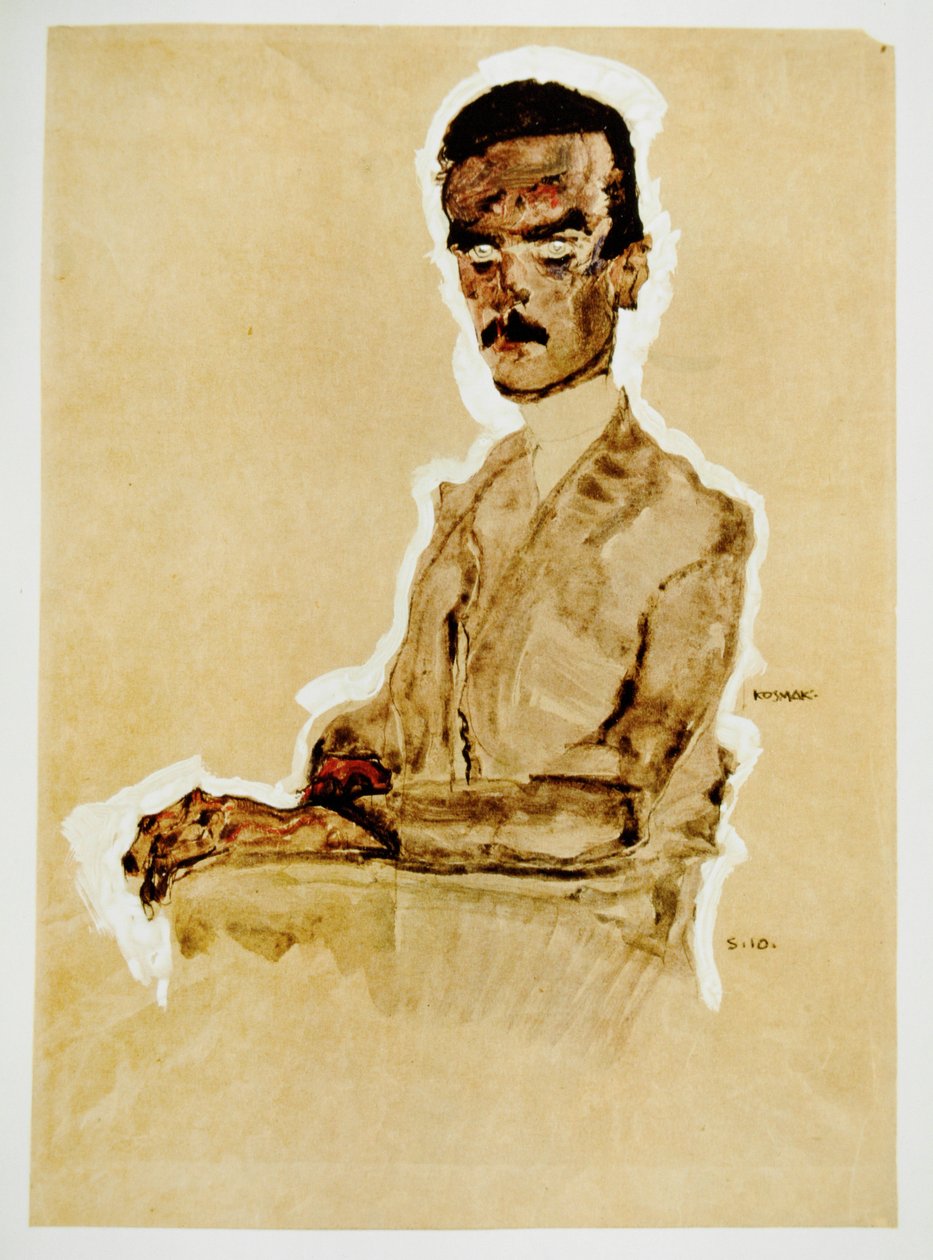 Bildnis Eduard Kosmack, sitzend -Portrait of Eduard ...（水粉、水彩和黑色蜡笔，白色加亮） 作者 埃贡·席勒（Egon Schiele）